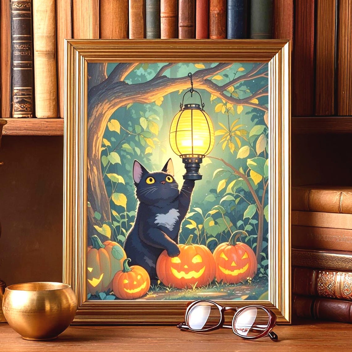 Halloween Black Cat With Lantern Among Jack O Lanterns Poster