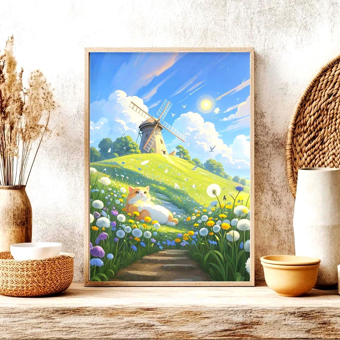 Chubby Ginger Cat Lounging In Flower Meadow With Windmill Poster