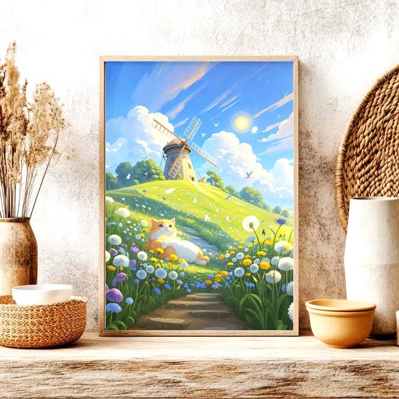 Chubby Ginger Cat Lounging In Flower Meadow With Windmill Poster