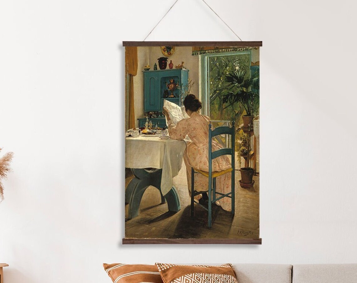 Morning Reading Woman at Vintage Breakfast Table Painting Poster