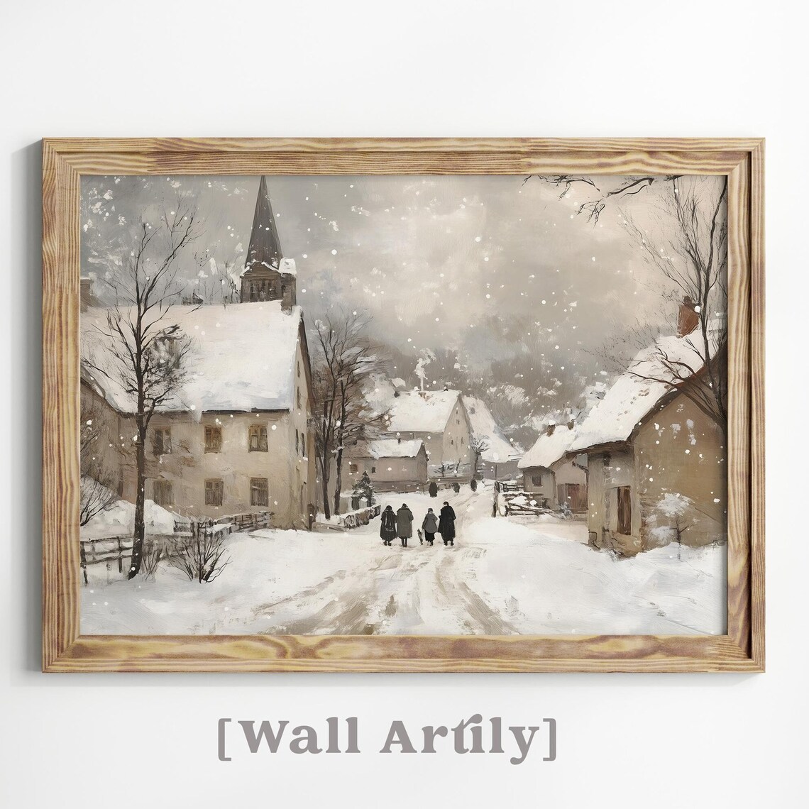 Snowy Church Village With Villagers Walking In Falling Snow Poster