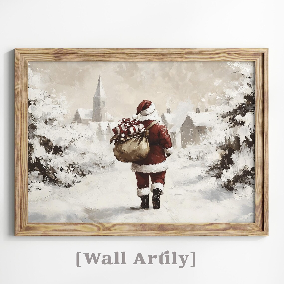 Santa Claus Carrying Gifts Into Snowy Village Winter Scene Poster