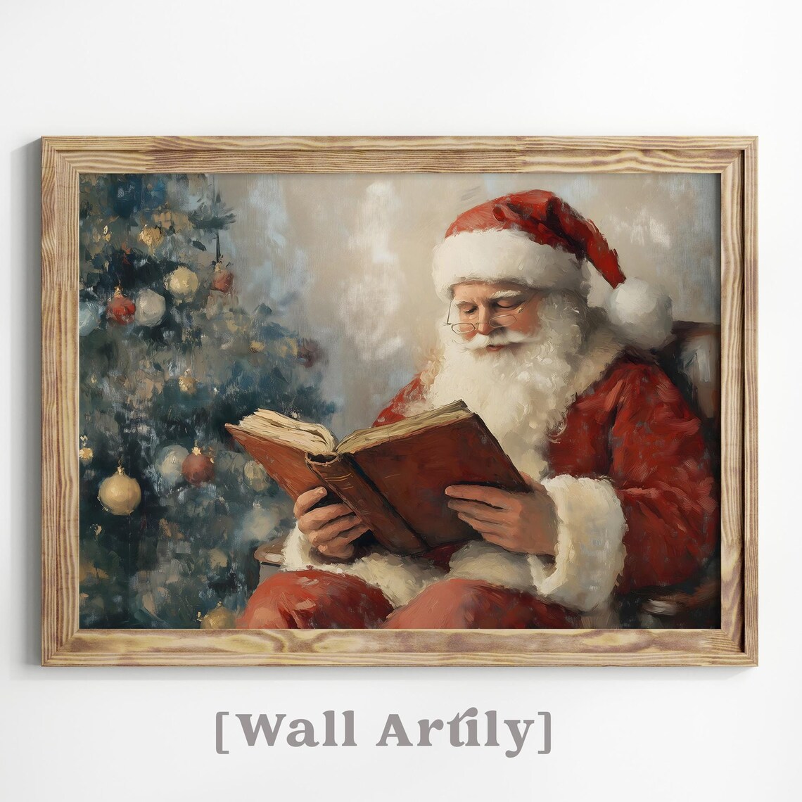 Santa Claus Reading Book By Christmas Tree Vintage Oil Art Poster