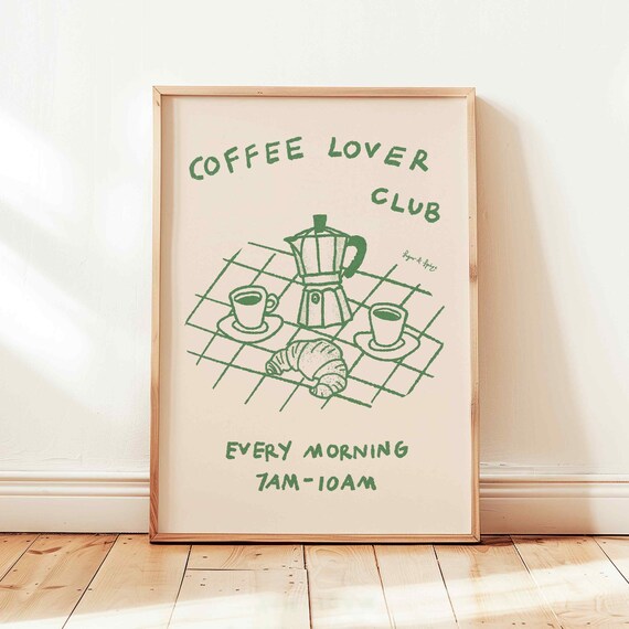 Coffee Lover Club Retro Green Moka Pot Croissant Kitchen Poster