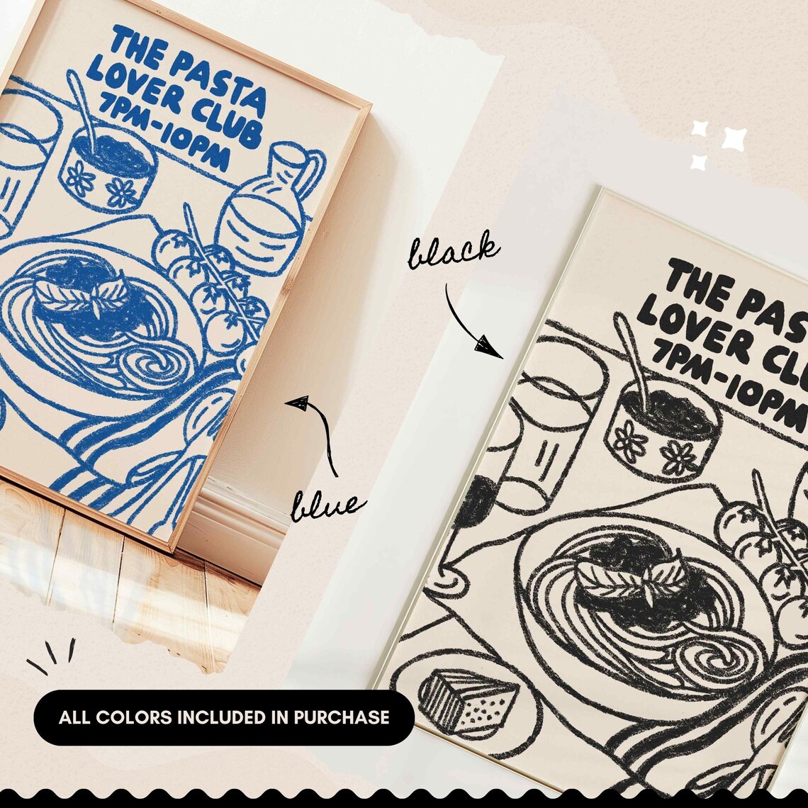 The Pasta Lover Club Blue Line Art Italian Dinner Table Poster - Image 2
