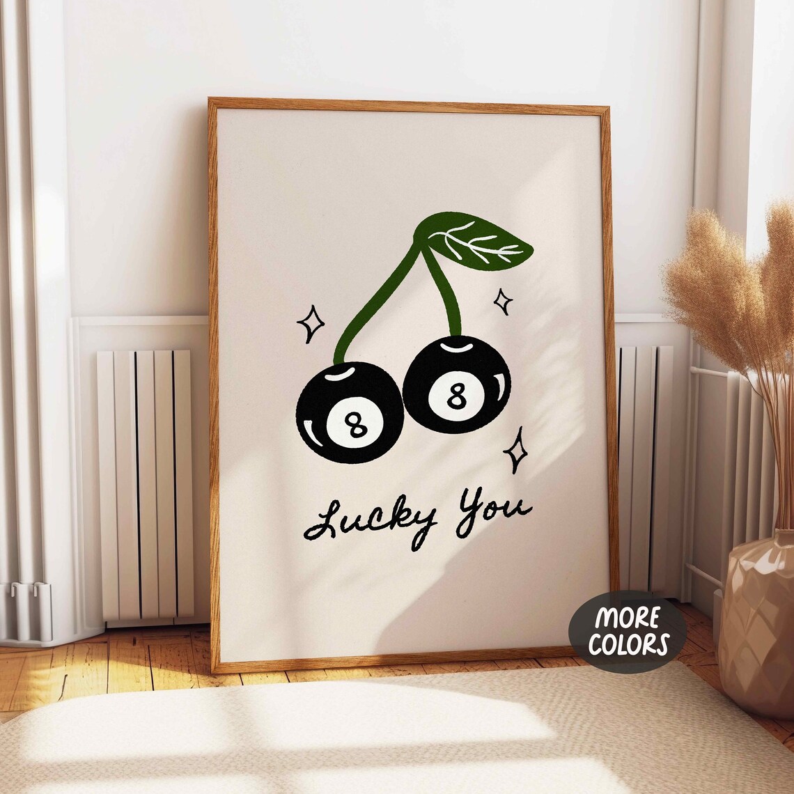 Lucky You 8 Ball Cherries Hand Drawn Trendy Retro Good Luck Wall Art