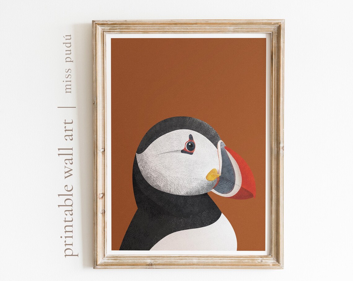 Atlantic Puffin Poster, Modern Black White Seabird Art Print