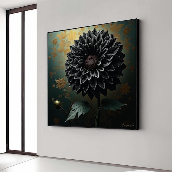 Dramatic Black Dahlia With Gold Botanical Details Dark Floral Poster