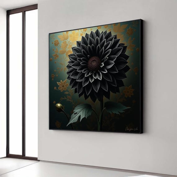 Elegant Black Sunflower Canvas Dark Floral Wall Art Gold Leaf Pattern Background Decorative Botanical Modern Gift Home Decor
