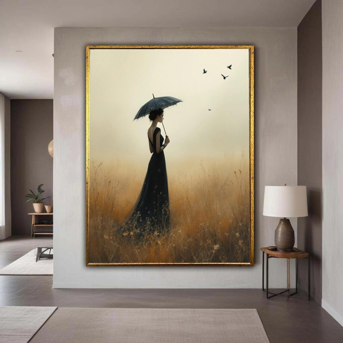 Woman in Black Dress With Umbrella Walking Golden Misty Field Poster