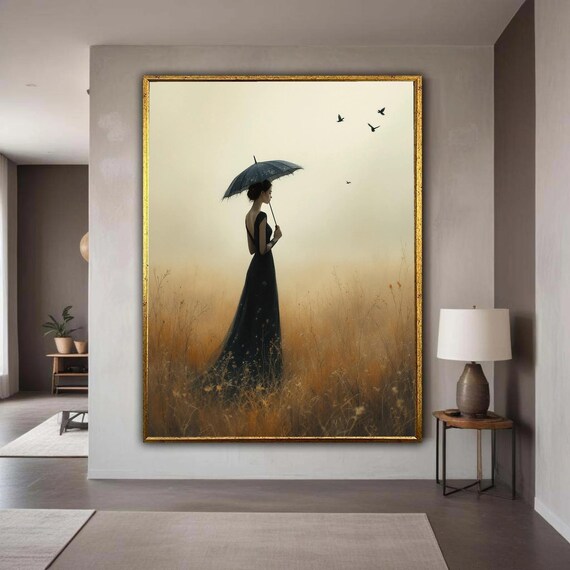 Elegant Woman In Black Dress With Umbrella Moody Landscape Canvas Atmospheric Wall Art Mystical Field Scene Home Gift Decor