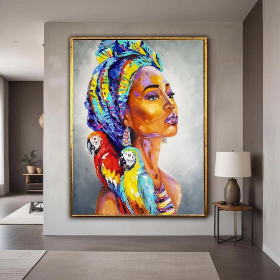 Colorful African Woman Portrait Two Macaw Parrots Vibrant Art Poster
