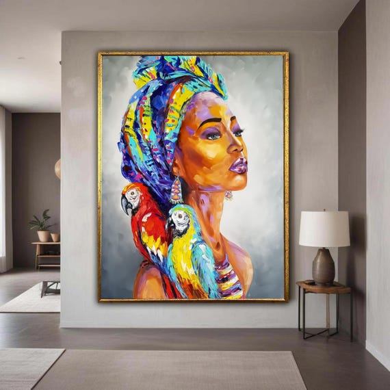 Vibrant African Woman Portrait Canvas Colorful Headwrap And Exotic Parrots Wall Art Contemporary Ethnic Decor Bold Gift Home