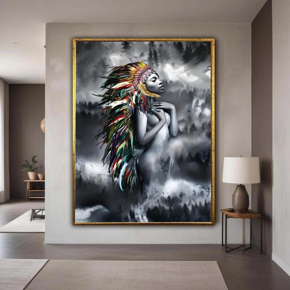 Ethereal Native Woman Canvas Colorful Feather Headdress Art Mystical Forest Background Tribal Culture Wall Decor Gift Home