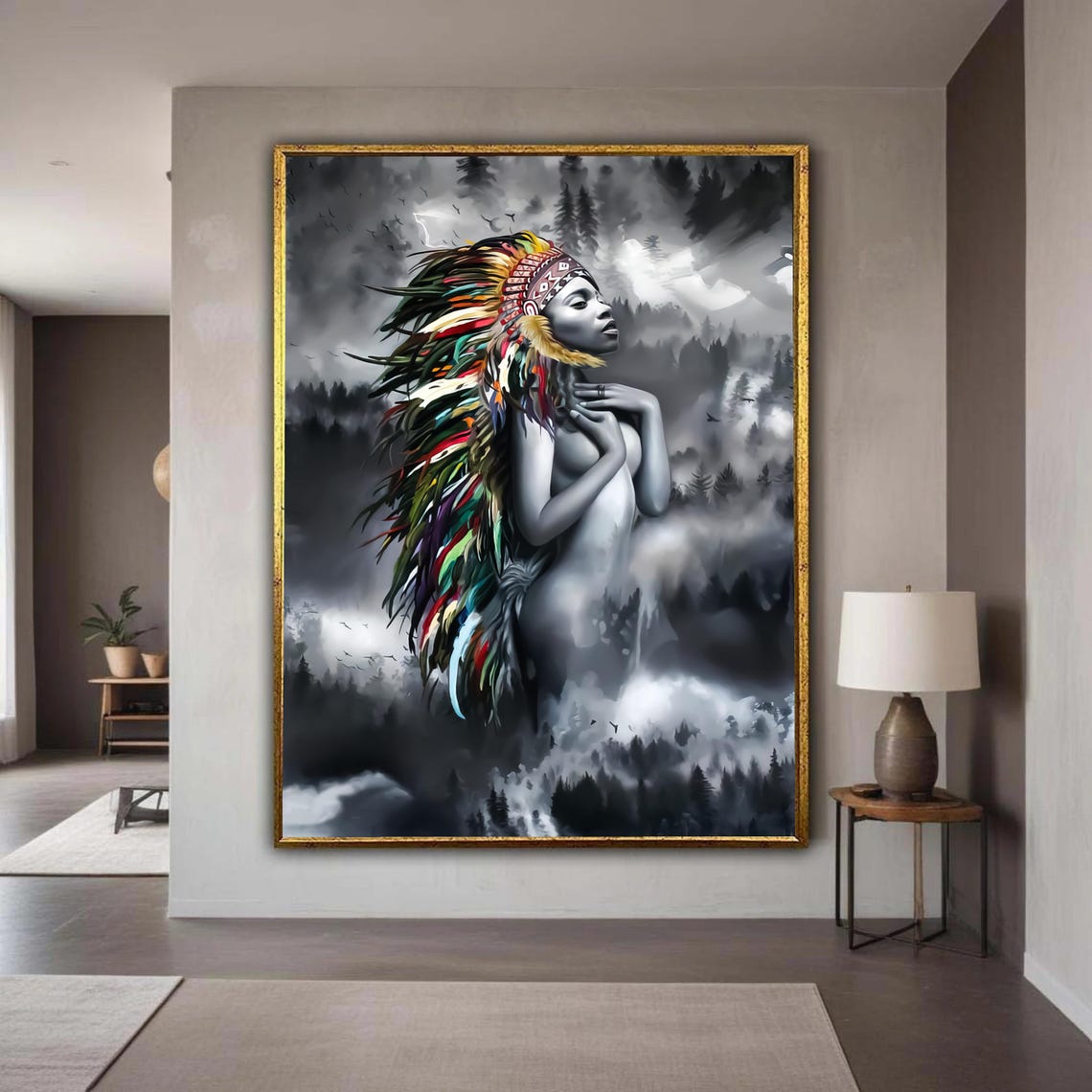 Tribal Feather Headdress Woman Misty Mountain Forest Spirit Art Poster