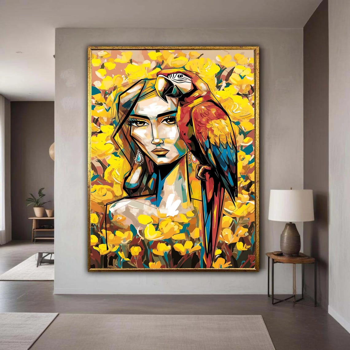 Woman with Macaw Parrot Among Yellow Flowers Bold Pop Art Poster