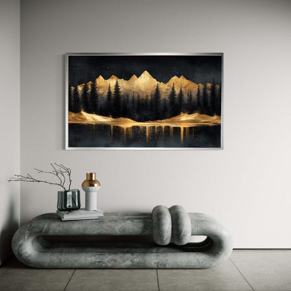 Gold Mountain Canvas Black Landscape Print Abstract Night Sky Lake Art Minimalist Pine Trees Modern Starry Reflection Decor Gift