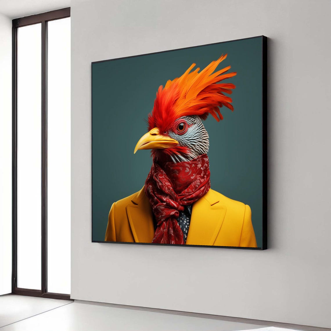 Rooster In Mustard Suit And Red Scarf Quirky Animal Portrait Print