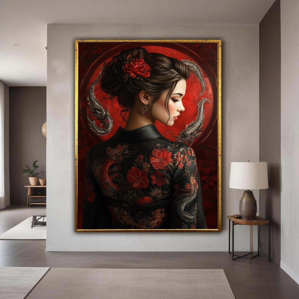 Japanese Woman Black Floral Kimono Dragon Red Moon Elegant Wall Art