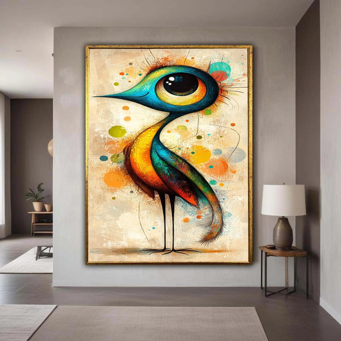 Whimsical Abstract Bird Big Eye Colorful Playful Painting Wall Art