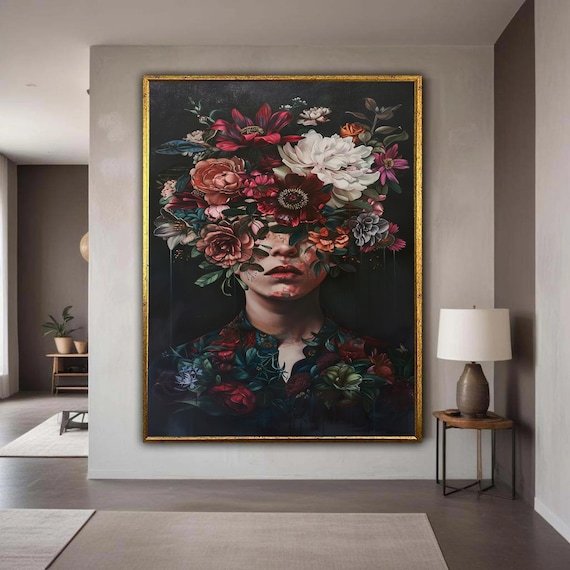 Floral Portrait Canvas Wall Art Surreal Flower Face Design Botanical Home Decor Modern Artistic Painting Gift