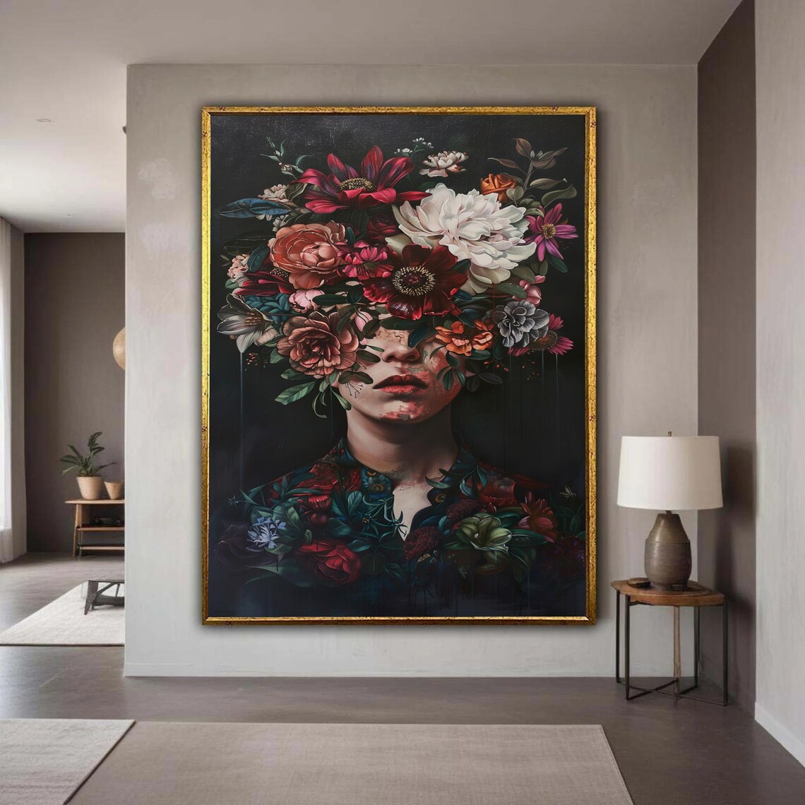 Floral Portrait Canvas Wall Art Surreal Flower Face Design Botanical Home Decor Modern Artistic Painting Gift