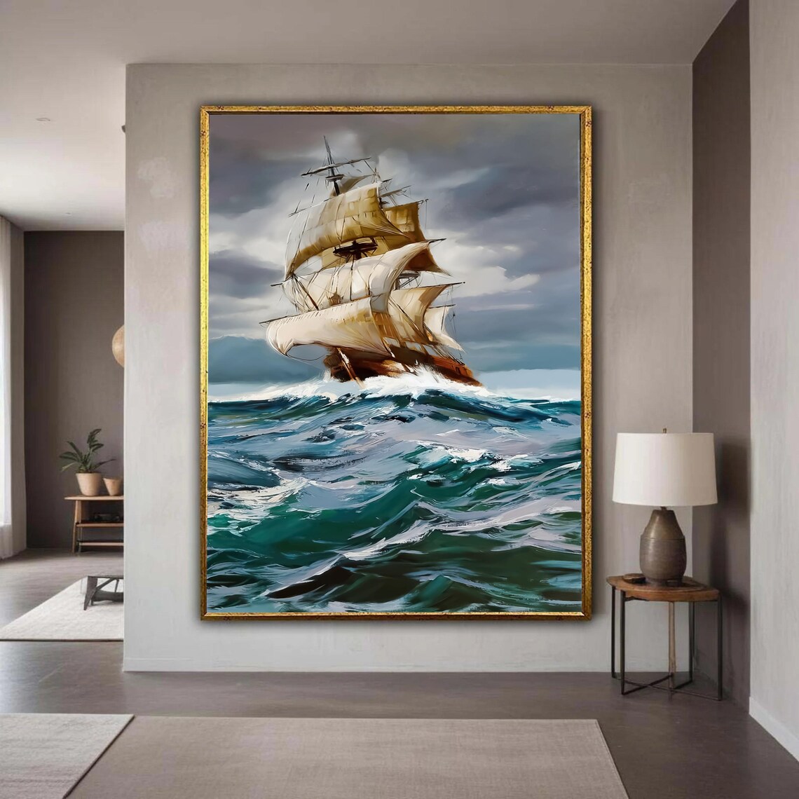 Tall Sailing Ship Stormy Ocean Waves Vintage Maritime Oil Painting Poster