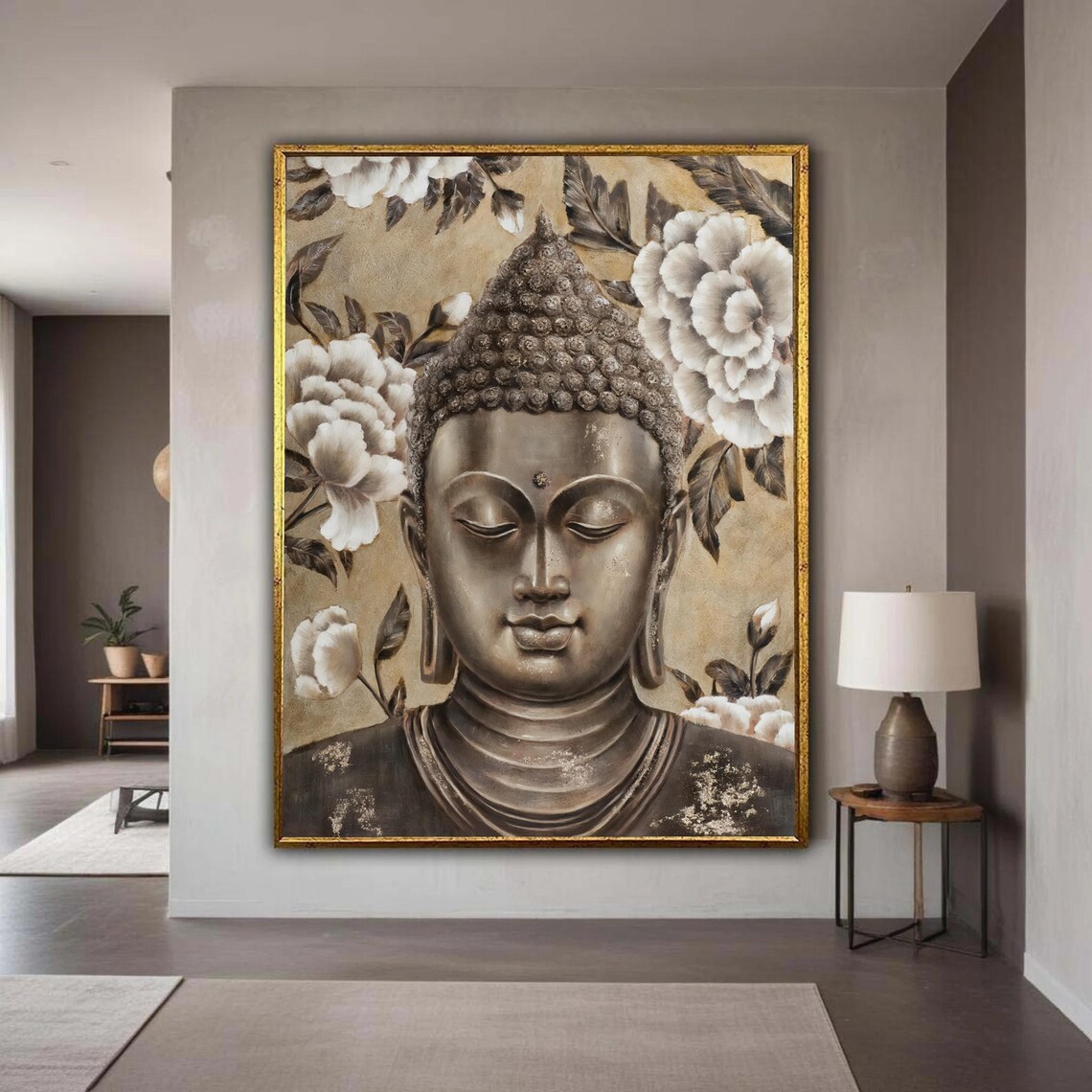 Serene Golden Buddha Face White Floral Zen Meditation Wall Art