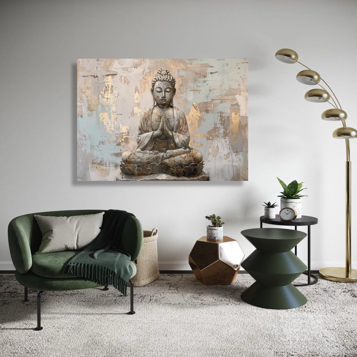 Meditating Buddha Statue Gold Beige Zen Spiritual Decor Art Poster