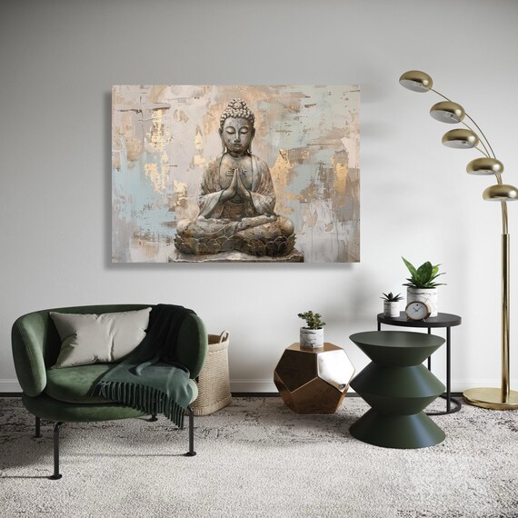 Meditating Buddha Canvas Print Serene Spiritual Wall Art Zen Home Decor With Gold Accents Peaceful Statue Painting Style Artwork