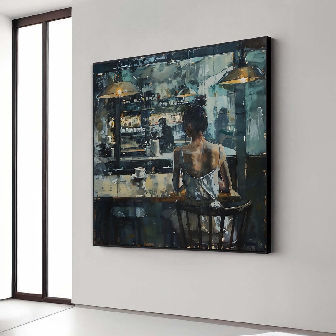 Woman In Cafe Impressionist Painting Moody Night Coffee Shop Art Poster