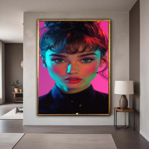 Audrey Hepburn Inspired Neon Pop Art Woman Portrait Pink Wall Poster