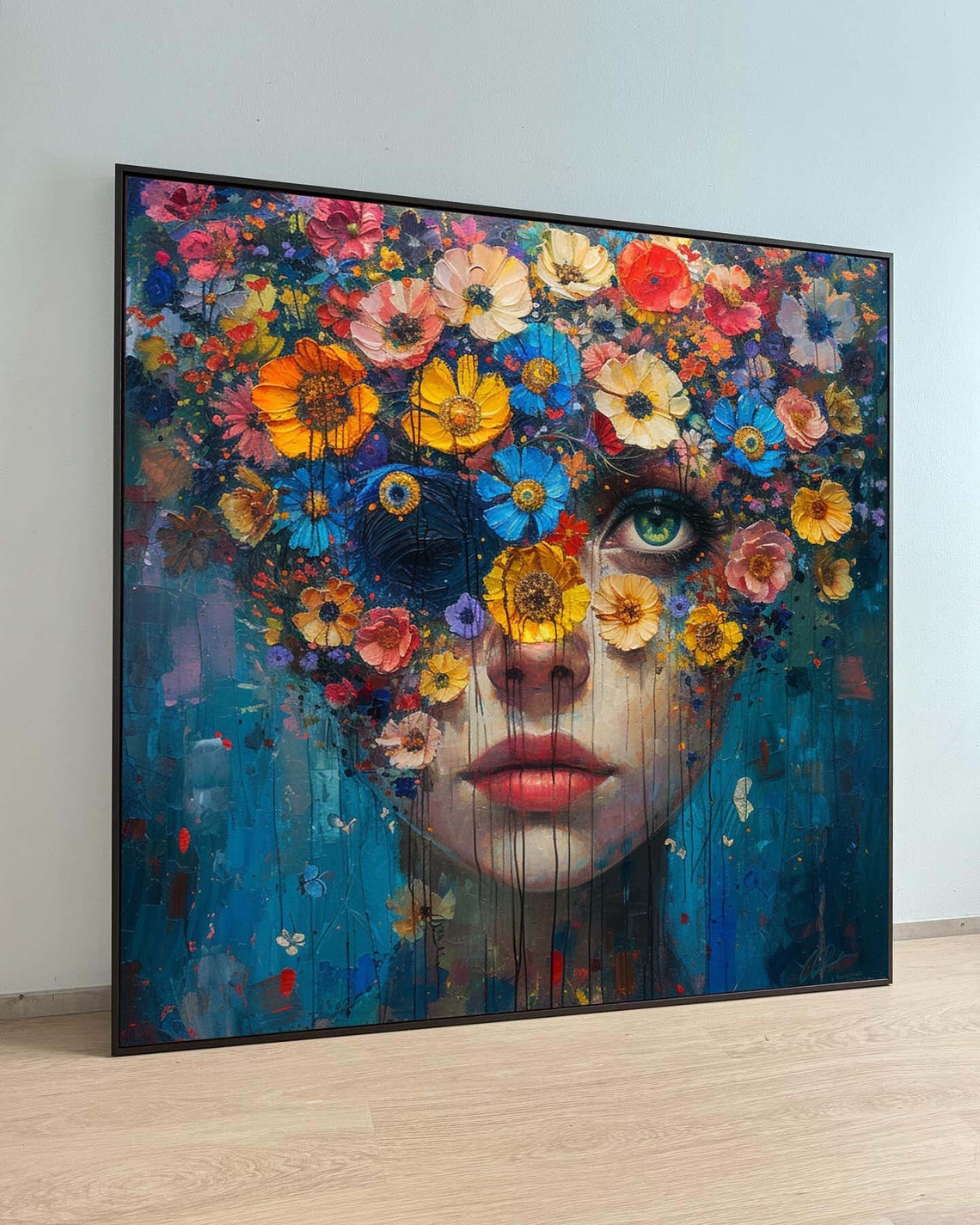 Surreal Woman With Blue Floral Crown Impasto Flower Face Art Poster