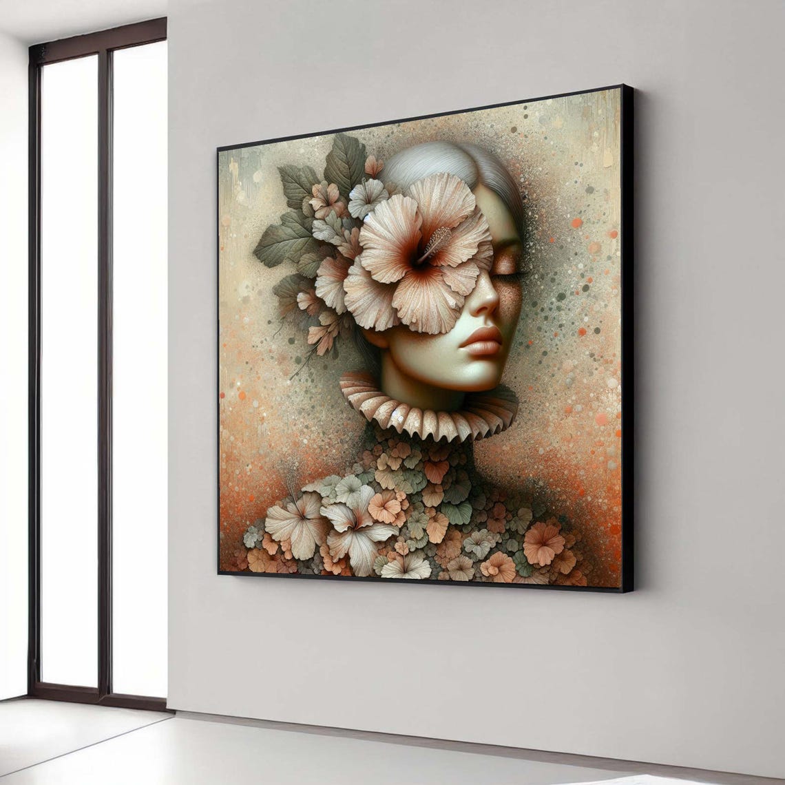 Ethereal Woman Portrait With Hibiscus Bloom Surreal Floral Wall Art