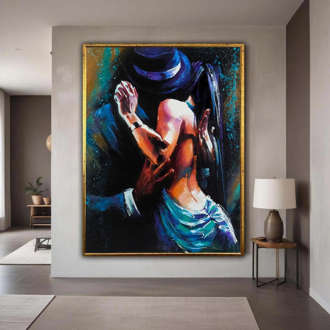 Abstract Expressionist Tango Embrace Blue Black Oil Painting Poster