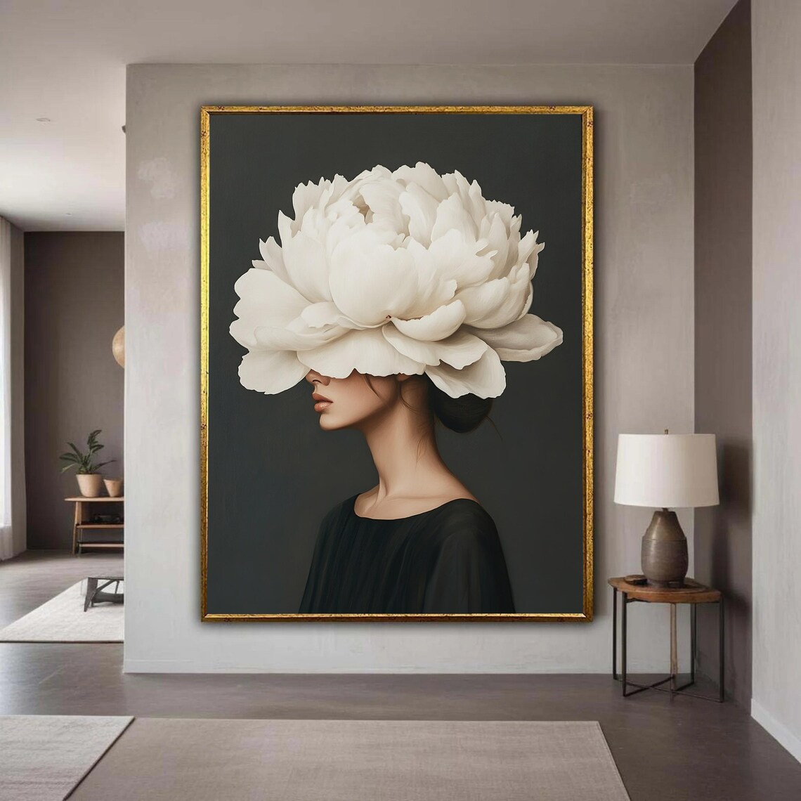 Woman With Giant White Peony Flower Head Elegant Surreal Black Art Poster