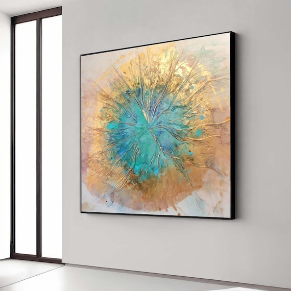Abstract Ocean Burst Canvas Wall Art Blue And Gold Home Decor Modern Painting Ready To Hang Gift