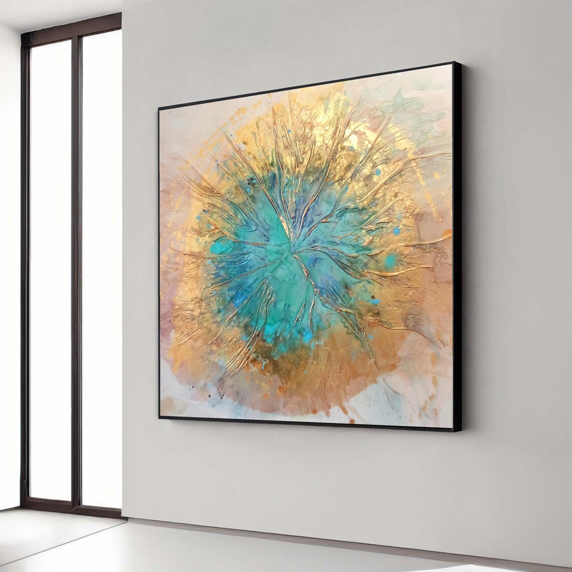 Abstract Ocean Burst Canvas Wall Art Blue And Gold Home Decor Modern Painting Ready To Hang Gift