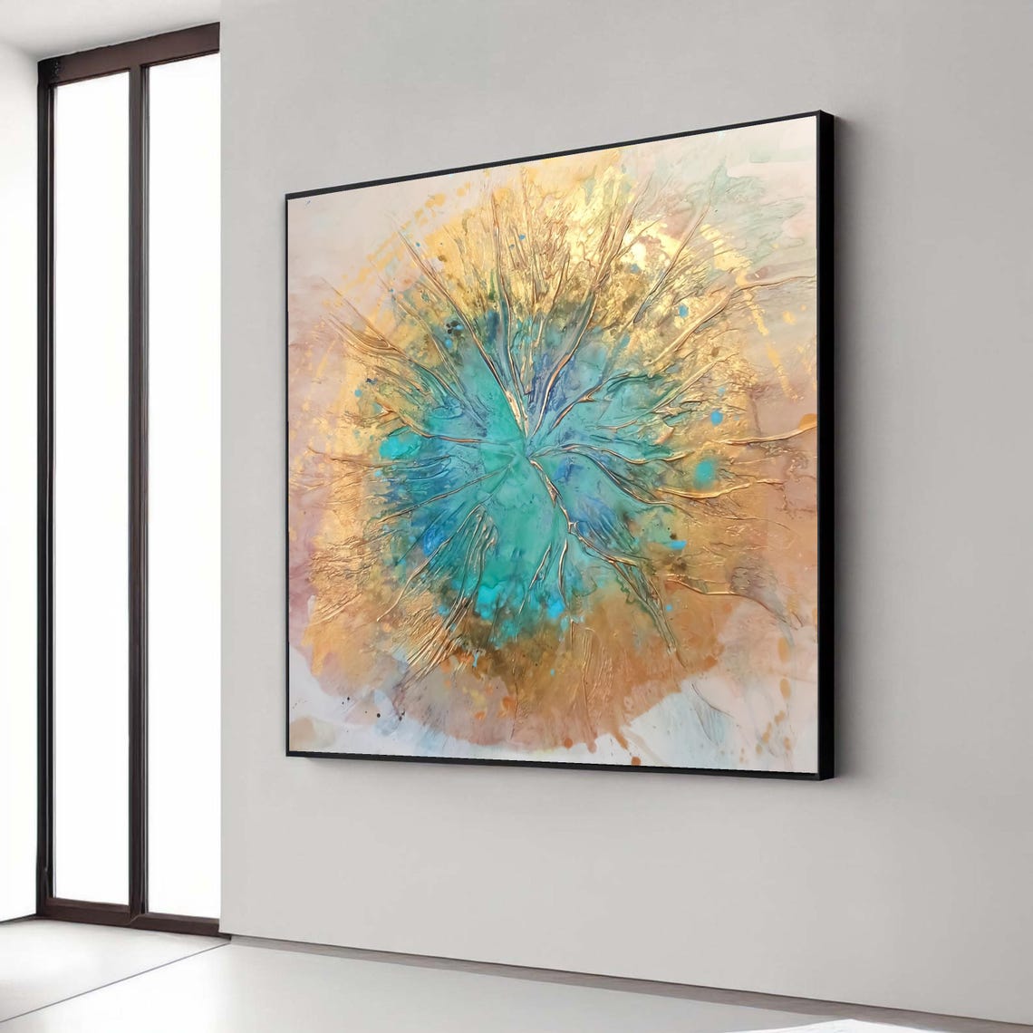 Abstract Ocean Burst Teal Gold Fluid Circular Painting Art Poster