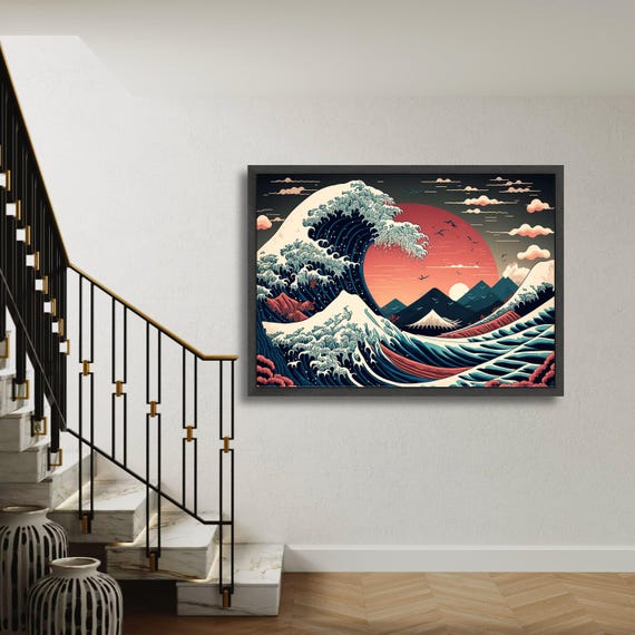 Vibrant Japanese Wave Sunset Canvas Hokusai Inspired Ocean Art Mountain Landscape Wall Decor Abstract Sea Gift Home