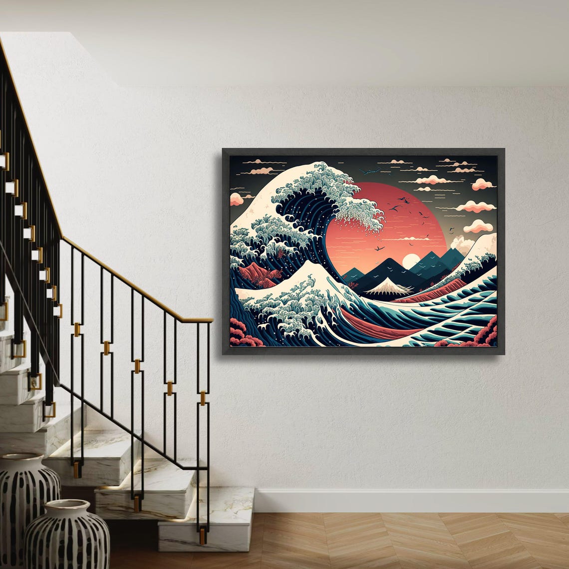 Great Wave Mount Fuji Red Sun Japanese Woodblock Style Art Poster