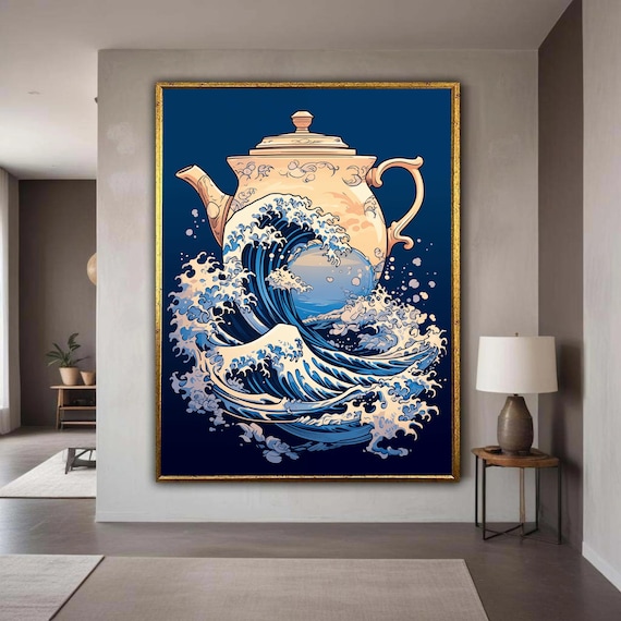 Japanese Great Wave Teapot Deep Blue Ocean Surf Decor Poster