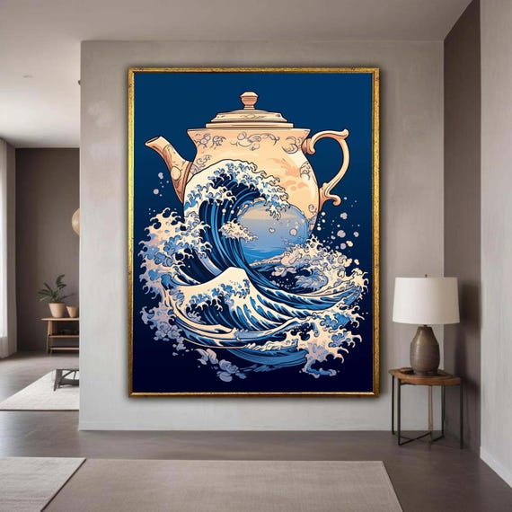 Japanese Wave And Teapot Fusion Canvas Blue Ocean Art Unique Kitchen Wall Decor Modern Asian Style Gift Home