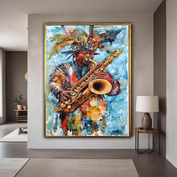 Jazz Saxophonist Colorful Feather Headdress Music Portrait Poster
