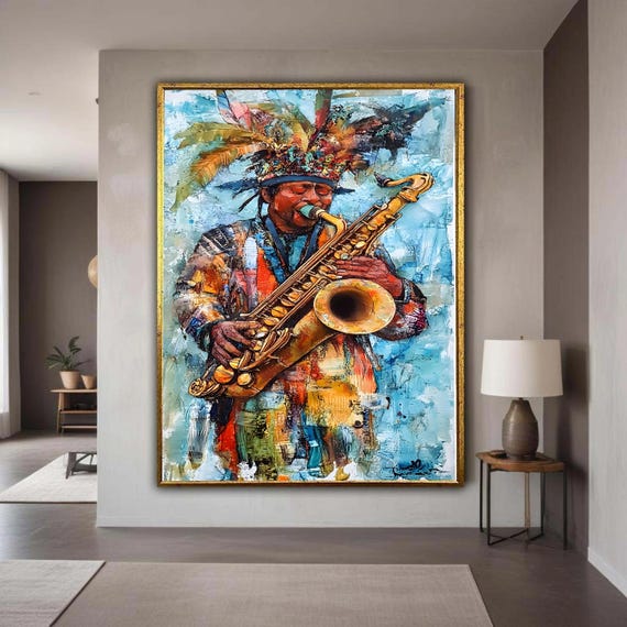 Vibrant Saxophone Player Canvas Print Expressive Jazz Music Art Colorful Carnival Musician Wall Decor Festive Cultural Artwork Gift