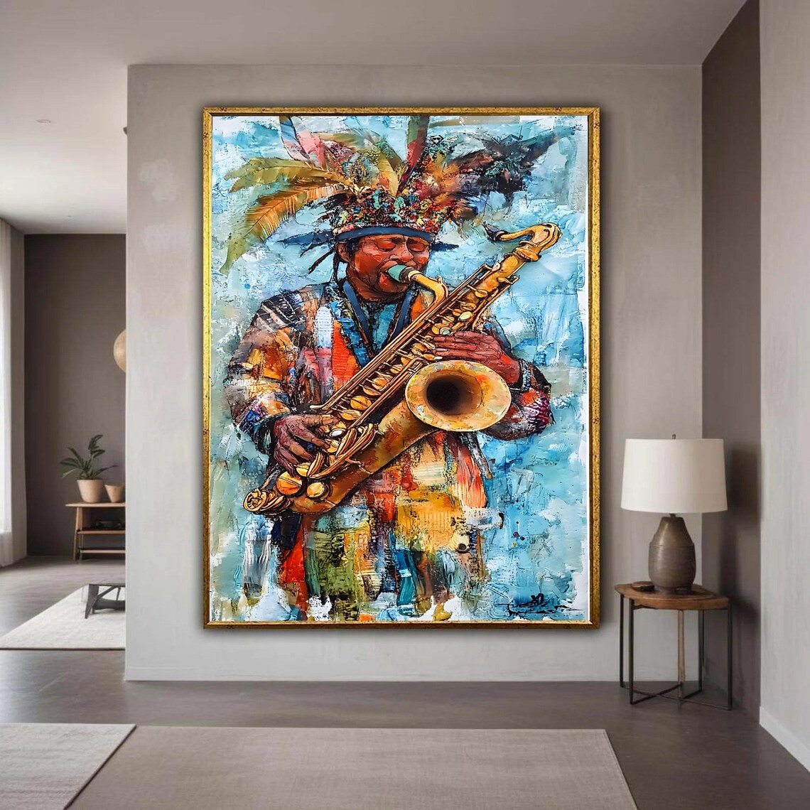 Jazz Saxophonist Colorful Feather Headdress Music Portrait Poster