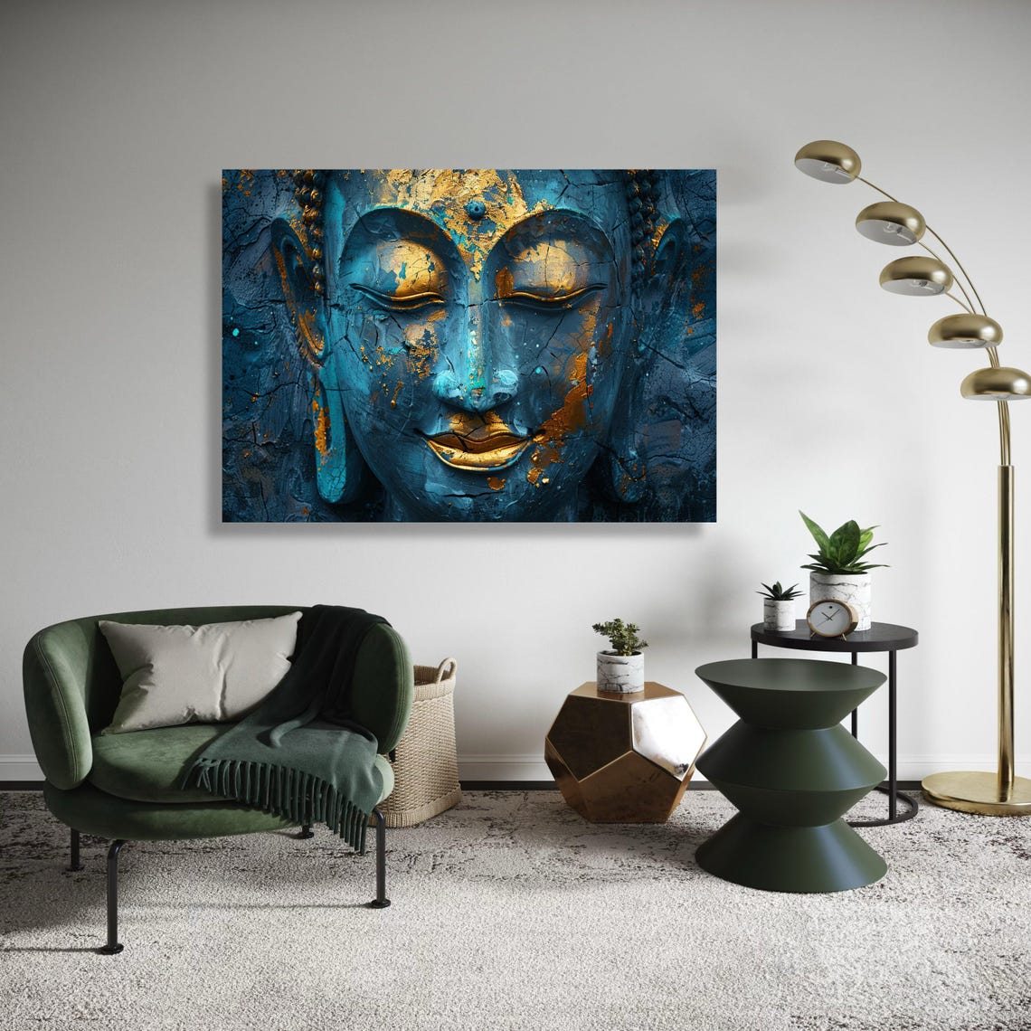Blue Buddha Gold Leaf Canvas Print Ancient Look Cracked Effect Art Serene Spiritual Portrait Close Up Zen Wall Decor Peaceful Gift