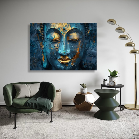 Blue Buddha Gold Leaf Canvas Print Ancient Look Cracked Effect Art Serene Spiritual Portrait Close Up Zen Wall Decor Peaceful Gift