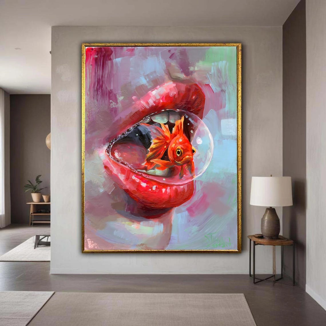 Red Lips With Goldfish Bubble Surreal Vibrant Pop Art Bold Poster