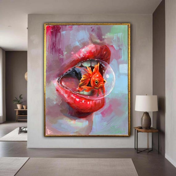 Surreal Fish Bubble In Mouth Canvas Red Lips Wall Art Modern Abstract Unique Home Decoration Vibrant Gift Decor
